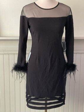 Betsy & Adam Black Mesh Illusion Feather Sleeve Dress Petite 6 Cocktail Mini